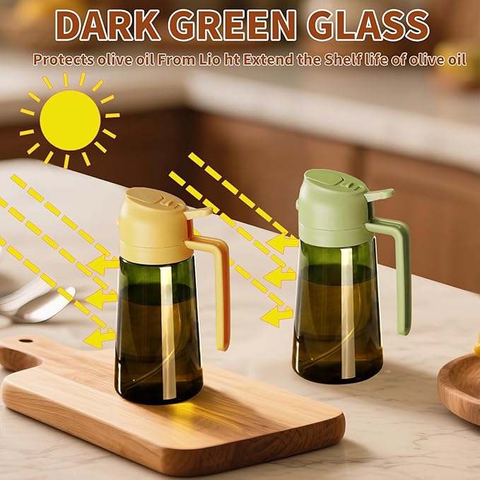 SWEET VIEW Olive Oil Dispenser and Oil Sprayer – 16oz/470ml Glass Light-Proof Oil Pourer for Kitchen Air Fryer, Cooking, Salad, and BBQ, with Stickers
