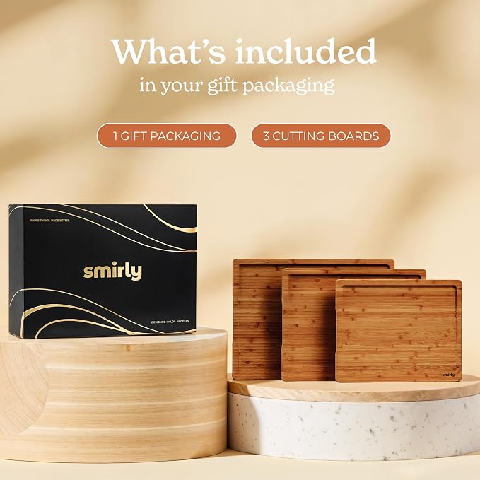 SMIRLY Bamboo Cutting Boards for Kitchen - Wood Cutting Board for Meal Prep, Serving, Charcuterie - Kitchen Gadgets, House Warming Gifts - Wooden Chopping Board Set of 3 - Brown Bamboo