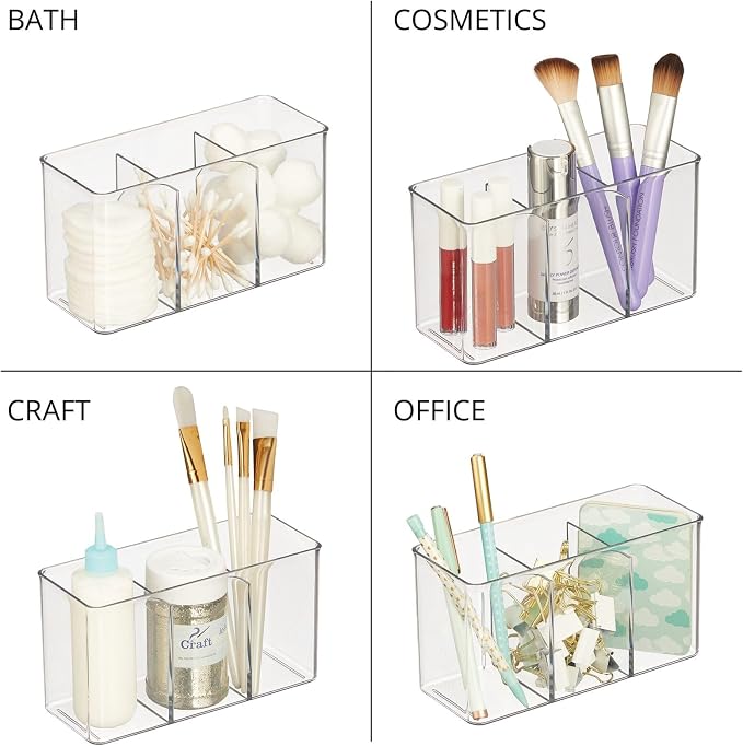 mDesign Plastic Cutlery Storage Organizer Bin for Kitchen Cabinet, Pantry/Home - Holds Forks, Knives, Spoons - 3 Section - Indoor or Outdoor Use - Clear