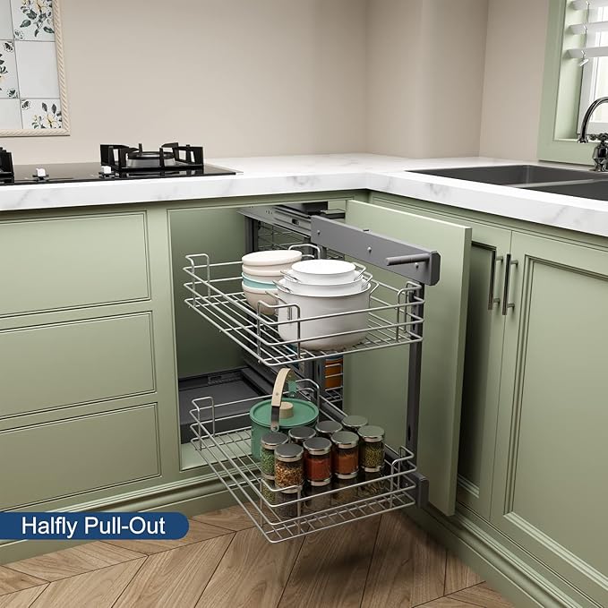 VADANIA Blind Corner Pull Out Organizer for 36" Cabinet, Left Open & Right Open Compatible, Min Opening 15", 2-tier Pull-out Basket, Soft Close, Bottom Mount