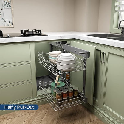 VADANIA Blind Corner Pull Out Organizer for 36" Cabinet, Left Open & Right Open Compatible, Min Opening 15", 2-tier Pull-out Basket, Soft Close, Bottom Mount