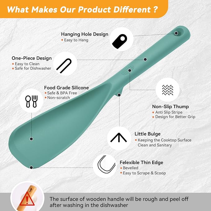 12.6" Extra Long Silicone Spatula Spoon for Nonstick Cookware, Seamless One-Piece Design Cooking Spoon with Built-in Tool Rest for Mixing, Scoop and Scrape, Dishwasher Safe, Black & Aqua Sky