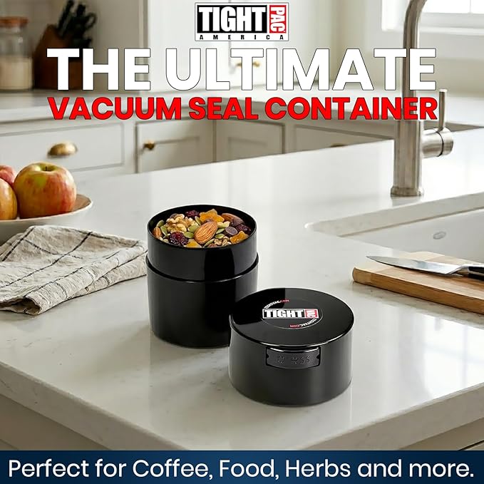 Tightvac 1/2 to 3 Ounces Airtight Herb Storage Container - Patented Vacuum Seal, Storage for Herbs, Coffee, Tea, Spices, Dry Goods - Small Odor Resistant Container, Black