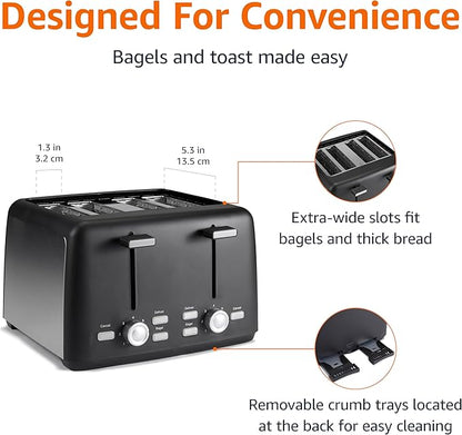 Amazon Basics 4 Slice Toaster, 7 Browning Settings, Extra Wide Slots for Bagels and Specialty Breads, Removable Crumb Tray, Cancel/Defrost/Bagel Buttons, 1500W, Black & Silver