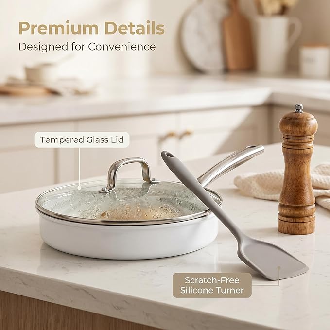 5 Piece Nonstick Cookware Set, Aluminum Frying Pan Set with Glass Lid and Silicone Turner, PFAS and PFOA Free, Induction Compatible Pots and Pans for All Stovetops