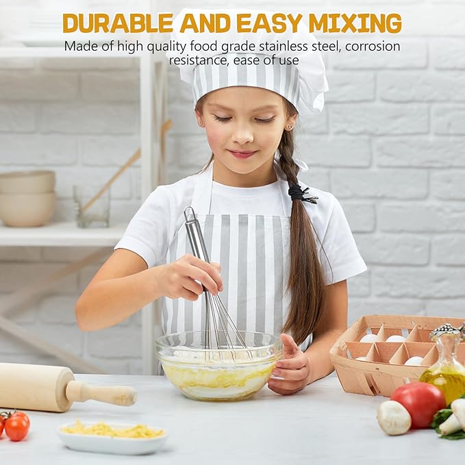 Child in a kitchen mixing ingredients with text about durable and easy mixing.