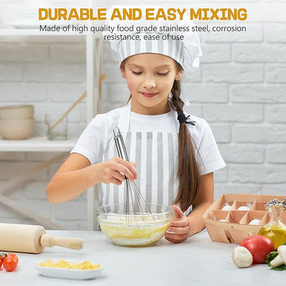 Child in a kitchen mixing ingredients with text about durable and easy mixing.