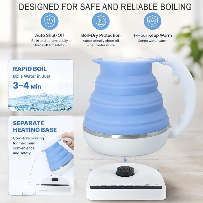 Collapsible Travel Tea Kettle with Temperature Control, Portable Electric Tea Kettle, Collapsible Water Kettle with Detachable Base, BPA-Free Silicone, Keep Warm & Auto Shut-Off, 555ml 110V Blue