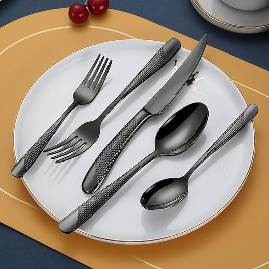 Lemeya 20-Piece Hammered Black Silverware Set for 4,18/10 Stainless Steel Flatware Set with Serrated Forged Knives,Heavy Duty Cutlery Set for Home & Party Restaurant,Mirror Polished, Dishwasher Safe