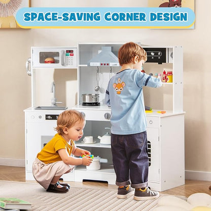 Costzon Corner Kids Kitchen Playset, Wooden Toy Kitchen Set w/Lights & Sounds Range Hood, Ice Maker, Pretend Telephone, Sink, Faucet, Microwave, Oven, Play Kitchen for Kids 3+ (White)