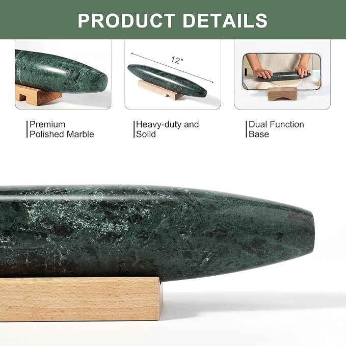Natural Marble French Rolling Pin,12 inch Kitchen Baking Tool for Baking with Non-Stick Surface, Ideal as a Dough Roller for Pasta, Dumpling, Fondant, Pie, Bread, and Pizza