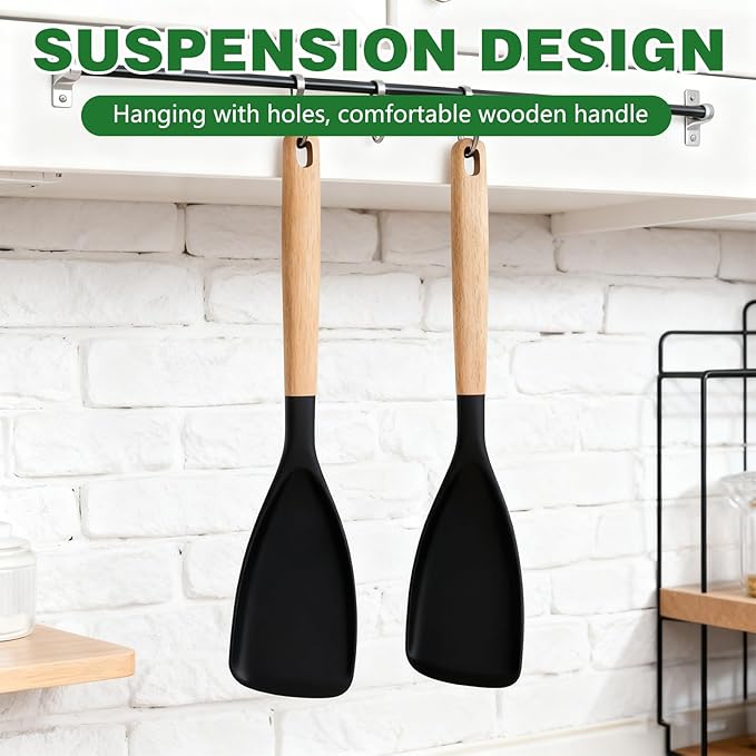 2PCS Cedar and Ash Spoonula,Multifunction Spatula Cooking Spoon,Non stick Flat Serving Spoons, Heat Resistant Kitchen Cucharras for Mixing, Stiring, Scooping, Scraping, Bastin (Black)