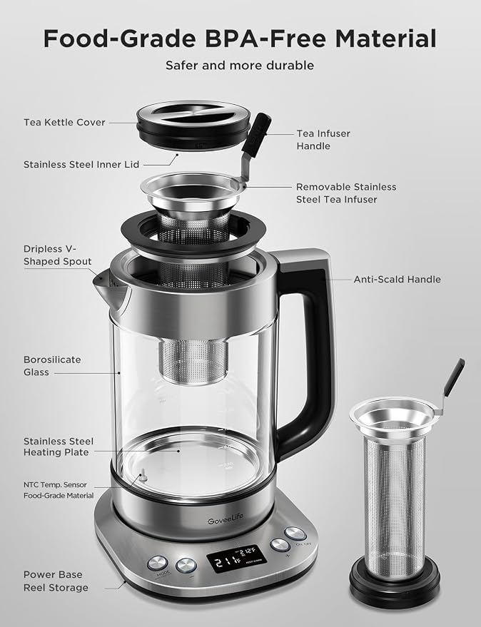 GoveeLife Smart Electric Kettle with Tea Infuser for Loose Leaf, 1.7 L Electric Tea Kettle with Brewing Program, Variable Temperature Control, 2 H Keep Warm & Auto Shut off, BPA Free, Sliver
