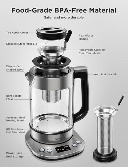 GoveeLife Smart Electric Kettle with Tea Infuser for Loose Leaf, 1.7 L Electric Tea Kettle with Brewing Program, Variable Temperature Control, 2 H Keep Warm & Auto Shut off, BPA Free, Sliver