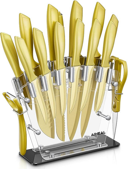 Aiheal Knife Set, 16 Pieces High Carbon Stainless Steel Golden Color Kitchen Knife Set, Titanium Coating Blade, No Rust and Super Sharp Cutlery with Acrylic Stand and Kitchen Scissors, Gift