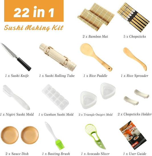 Delamu Sushi Making Kit, 22 in 1 Sushi Kit for Beginners/Pros Sushi Makers, with Bamboo Sushi Mats, Sushi Rolling Tube, Onigiri Mold, Rice Paddle, Sushi Knife, Guide Book & More