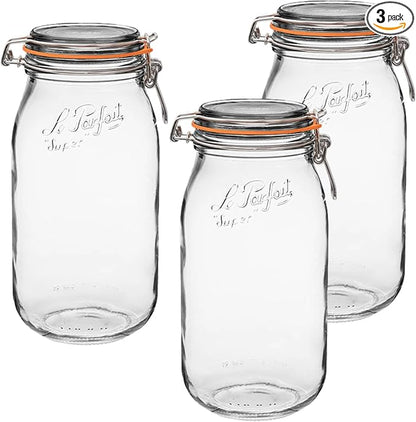 Le Parfait Super Jar 2L (64oz) French Glass Preserving Jar w/Airtight Rubber Seal & Wire Bail Closure - BPA-Free Canning Jar for Pickles, Fruits, Sauces & Food Storage - Made in France Since 1930 3PK