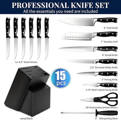 Knife Set, 15 Piece Premium Kitchen Knife Block Set, Razor-Sharp, High Carbon Stainless Steel Chef Knife, Ergonomic Forged Triple Rivet Handle, Black Sharp Knife Set for Kitchen, Dishwasher Safe