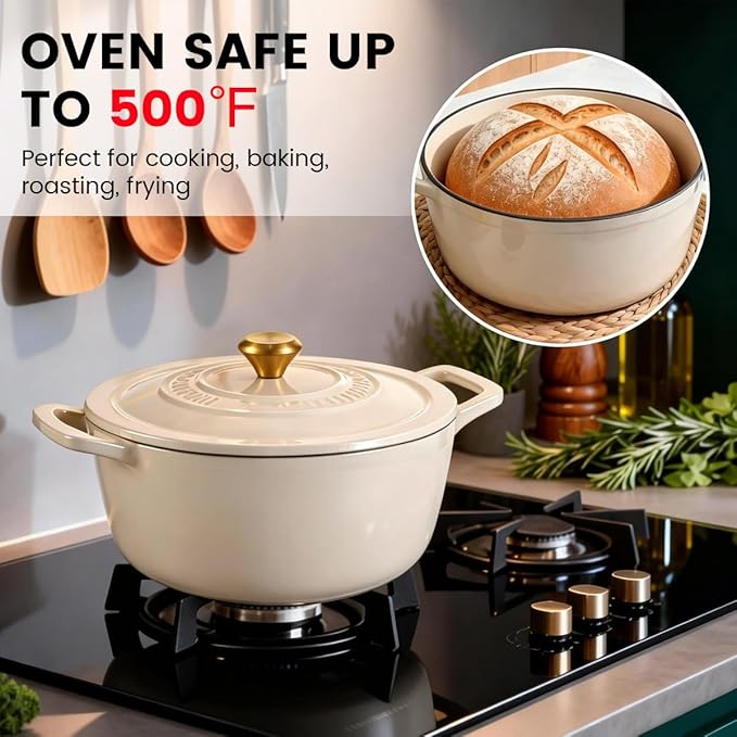Enameled Cast Iron Dutch Oven - JINCHUFURI Cast Iron Dutch Oven with Lid 5 Quart enamel dutch ovens Pot Heavy-Duty Cookware for Sourdough Bread Baking,Stews, Roasting,Braising(white)