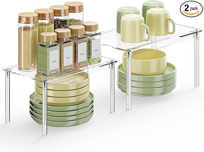 Delamu Cabinet Shelves, Clear Stackable Acrylic Storage Risers with Heavy Duty Support, Cabinet Organizer Shelf for Spices, Seasonings, Jars, Pantry, Kitchen Counter, Easy Assembly