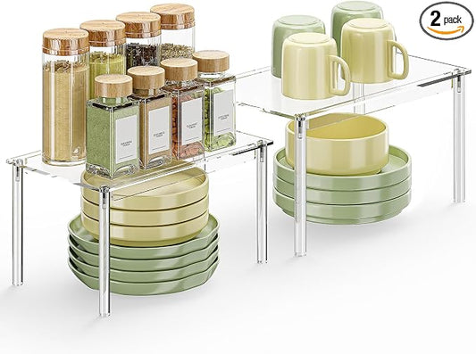 Delamu Cabinet Shelves, Clear Stackable Acrylic Storage Risers with Heavy Duty Support, Cabinet Organizer Shelf for Spices, Seasonings, Jars, Pantry, Kitchen Counter, Easy Assembly