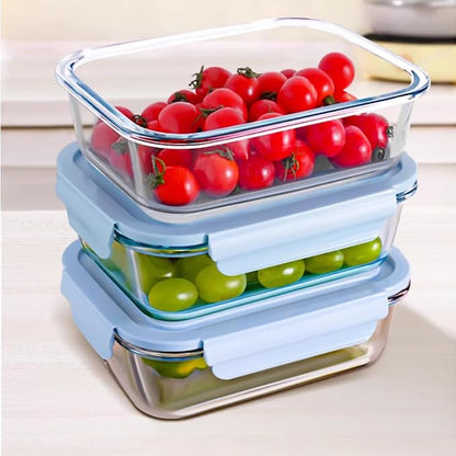 Glass Food Storage Containers with Lids, Airtight Meal Prep Containers, 4 Pack Set with Multiple Sizes (Blue)