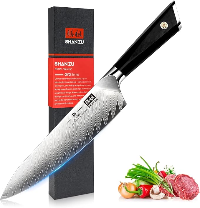 SHAN ZU Damascus Chef Knife 8 inch, 67-Layer High Carbon Steel Kitchen Knife,Ultra Sharp Japanese Chef Knife,Professional Kitchen Utility Knives with G10 Ergonomic Handle Cooking Knife with Gift Box