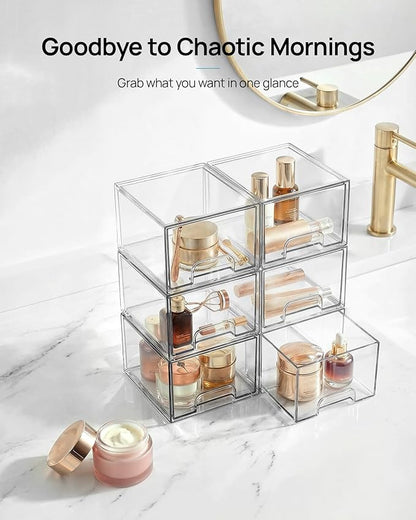 Vtopmart 6 Pack Small Clear Stackable Storage Drawers,Acrylic Bathroom Makeup Organizer,Plastic Storage Bins For Vanity, Undersink, Kitchen Cabinets, Pantry, Home Organization