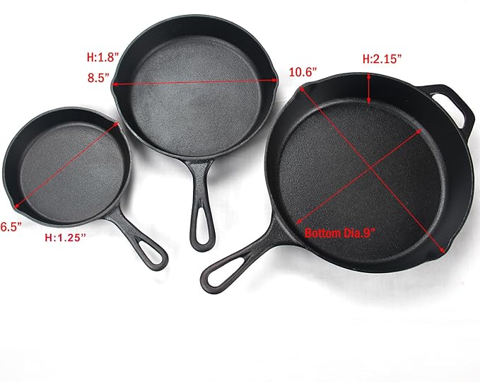 Cast Iron Skillet 3-Piece Set, Heavy-Duty Professional Restaurant Chef Pre-Seasoned Cookware Set, 6", 8", 10" Pans with Silicone Hot Handle Holder For Frying, Saute, Cooking, Oven, Grill