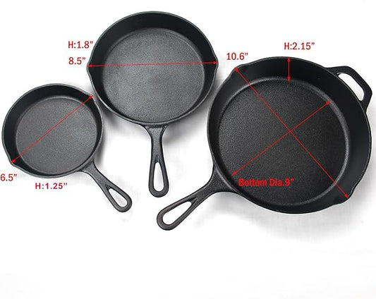 Cast Iron Skillet 3-Piece Set, Heavy-Duty Professional Restaurant Chef Pre-Seasoned Cookware Set, 6", 8", 10" Pans with Silicone Hot Handle Holder For Frying, Saute, Cooking, Oven, Grill