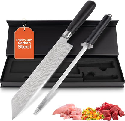 Gidli 8 Inch Chef Knife with Diamond Sharpener - Sharp German Carbon Stainless Steel Kitchen Knife for Precision Cutting - Ergonomic Wooden Handle for Comfortable Slicing and Chopping