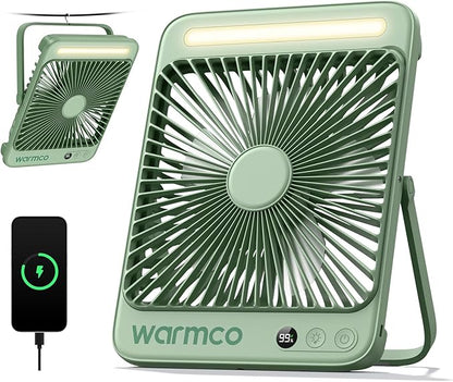 Warmco 20000mAh Battery Powered Fan, 8-Inch Ultra-Slim Portable Camping Fan with LED Lantern, Up to 48H Runtime Rechargeable Desk Fan for Bedroom, Outdoor, Tent, Travel, Cruise Ship Essentials