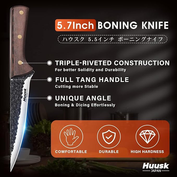 Huusk Boning Knife for Meat Cutting - Japanese High Carbon Steel Fillet Knife - Hand Forged Trimming Knives - Chef Knives for Meat, Fish, Poultry, Grilling Gifts for Men and Women