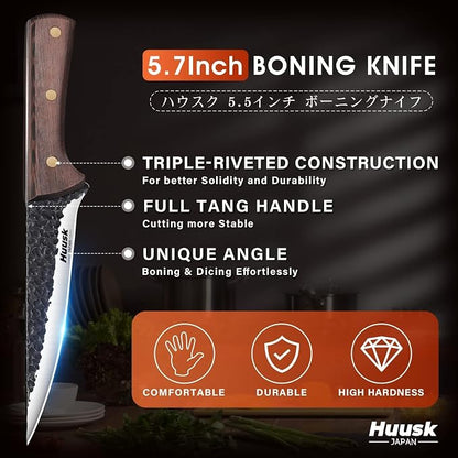 Huusk Boning Knife for Meat Cutting - Japanese High Carbon Steel Fillet Knife - Hand Forged Trimming Knives - Chef Knives for Meat, Fish, Poultry, Grilling Gifts for Men and Women