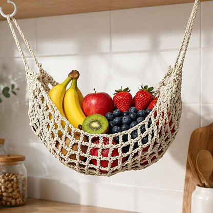 Hanging Fruit Hammock Under Cabinet with 4 Hooks - Macrame Boho Fruit Basket for Kitchen, Produce Net Storage to Save Counter Space, Ideal for Banana, Vegetable, Home, RV, Camper (Beige)