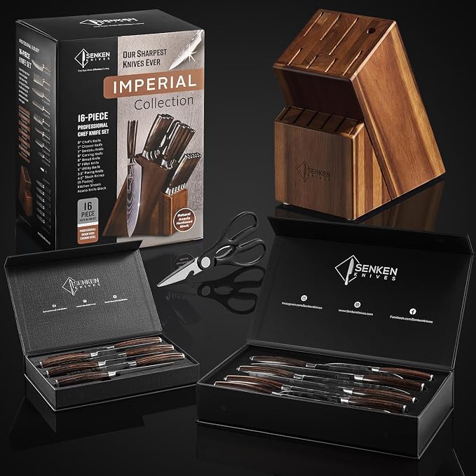 SENKEN 16-Piece Knife Block Set - Japanese High Carbon Stainless Steel with Damascus Pattern, Dark Wood Handles, 6 Steak Knives & Acacia Hardwood Block (Brown)