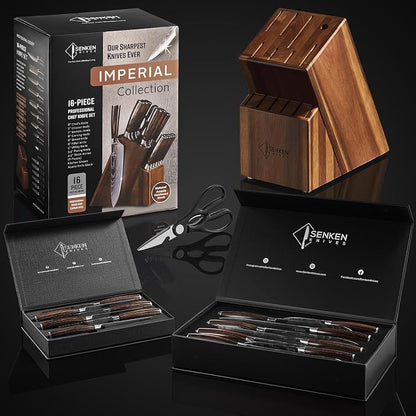 SENKEN 16-Piece Knife Block Set - Japanese High Carbon Stainless Steel with Damascus Pattern, Dark Wood Handles, 6 Steak Knives & Acacia Hardwood Block (Brown)