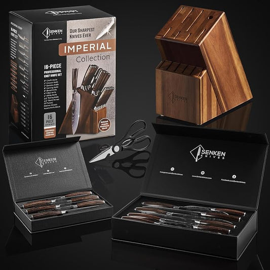 SENKEN 16-Piece Knife Block Set - Japanese High Carbon Stainless Steel with Damascus Pattern, Dark Wood Handles, 6 Steak Knives & Acacia Hardwood Block (Brown)