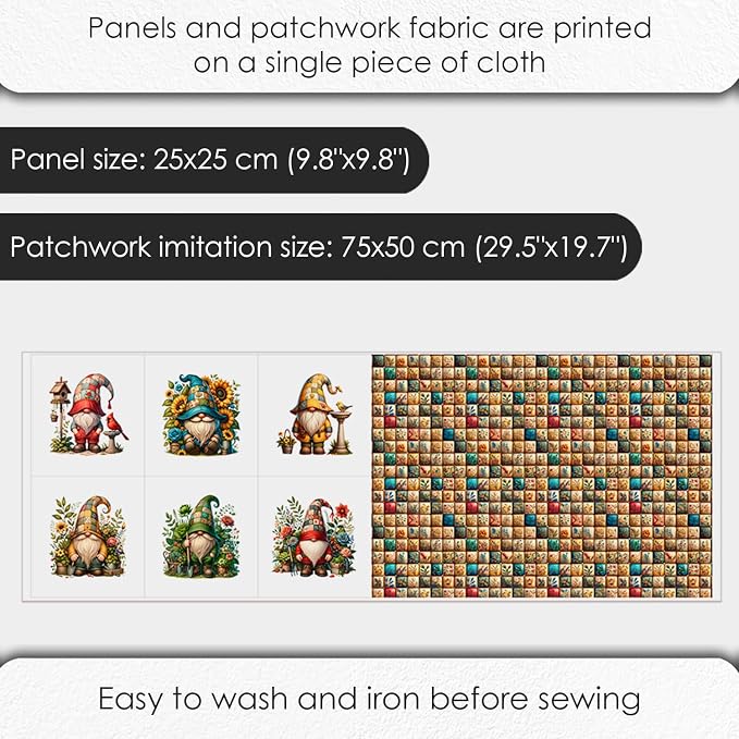 Gnome Patchwork Cotton Fabric Panel – 6 Designs 10×10 inch + Bonus Patchwork Sheet 29.5×19.6 inch, 100% Cotton 140 GSM, Eco-Printed Quilting & Sewing Fabric (USA Size)