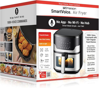 Emerson SmartVoice 5.3QT Air Fryer, 1000+ Voice Commands, 6-in-1 Digital Cooker, Compact Countertop Design, Oil-Free Healthy Cooking, Easy-Clean Nonstick Basket, 1500W