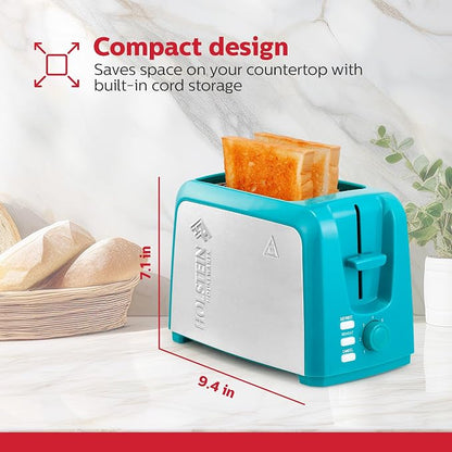Holstein Housewares 2-Slice Toaster with 7 Browning Settings, Extra-Wide Slots, Reheat, Defrost, Cancel, High-Lift Release, Removable Crumb Tray – Compact Stainless Steel, Teal