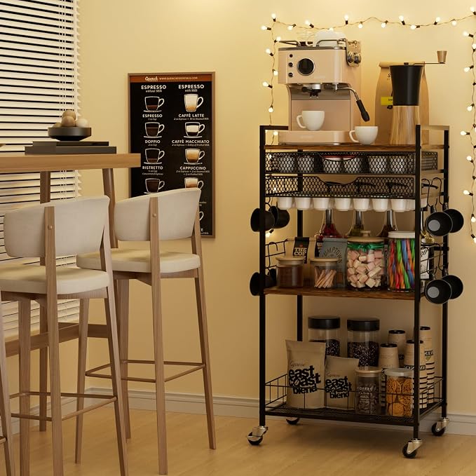 Homsorout Coffee Bar Station with Storage Drawer - 5 Tier Coffee Table Countertop Organizer for K Cups, Tea Bags, Sugar Storage and Kitchen Cabinets (Brown)