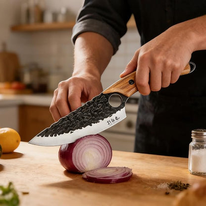 HAMMER IRON ALLEY Japanese Chef Knife, HIA 5.7 inch Sharp Kitchen Knife with Sheath, Hand Forged Butcher Viking Cleaver Knife for Meat Cutting, Home, Camping, BBQ, Black