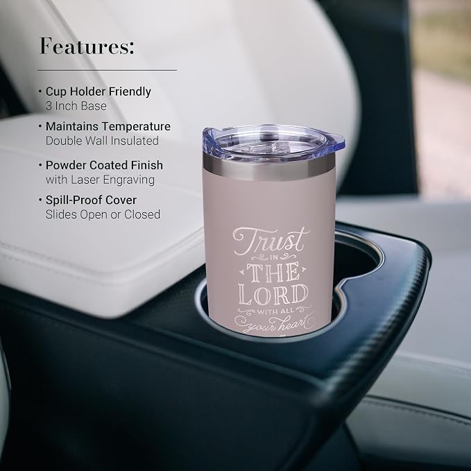 Christian Art Gifts Stainless Steel Double-Wall Vacuum Insulated Travel Mug 18 oz Gray Tumbler with Retractable Lid for Women and Men Bible Verse - Trust in the Lord - Proverbs 3:5