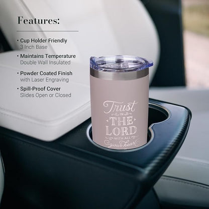 Christian Art Gifts Stainless Steel Double-Wall Vacuum Insulated Travel Mug 18 oz Gray Tumbler with Retractable Lid for Women and Men Bible Verse - Trust in the Lord - Proverbs 3:5