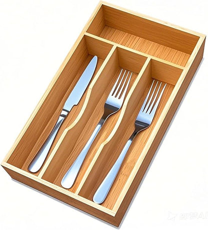guiogc Bamboo Kitchen Drawer Silverware Organizer, 7 Inch Silverware Utensils Tray Holder for Small Drawer, Wood Caddy for Flatware Cutlery Knives 4-Slots