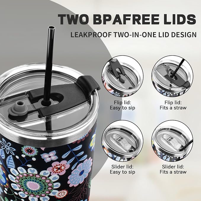 40 oz Tumbler with Lids and Straws, Stainless Steel Insulated Coffee Tumbler, Double Wall Vacuum Insulated Travel Mug Cup, Leakproof Thermal Coffee Cup for Hot and Cold Drinks (Flower)