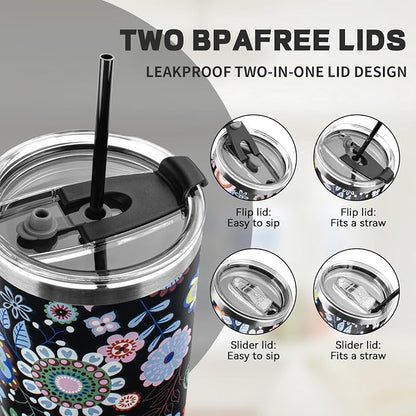 40 oz Tumbler with Lids and Straws, Stainless Steel Insulated Coffee Tumbler, Double Wall Vacuum Insulated Travel Mug Cup, Leakproof Thermal Coffee Cup for Hot and Cold Drinks (Flower)