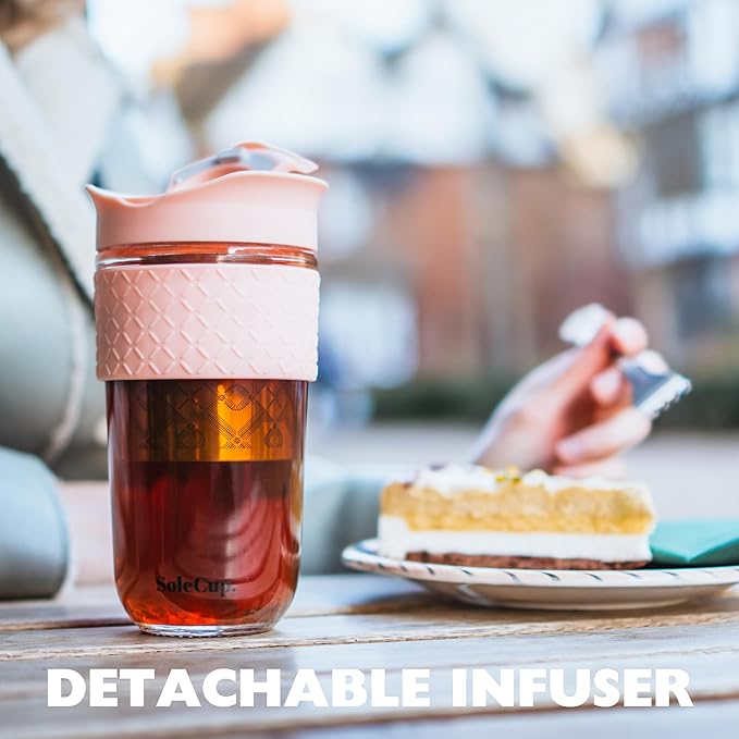 Large Travel Mug Loose Tea Infuser - Detachable Tea Strainer with Spill Proof Lid - 18oz/530ml BPA-Free Reusable Glass Travel Coffee Cup with Silicone Band (Red, 18oz)