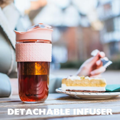 Large Travel Mug Loose Tea Infuser - Detachable Tea Strainer with Spill Proof Lid - 18oz/530ml BPA-Free Reusable Glass Travel Coffee Cup with Silicone Band (Gray and Pink, 18oz)